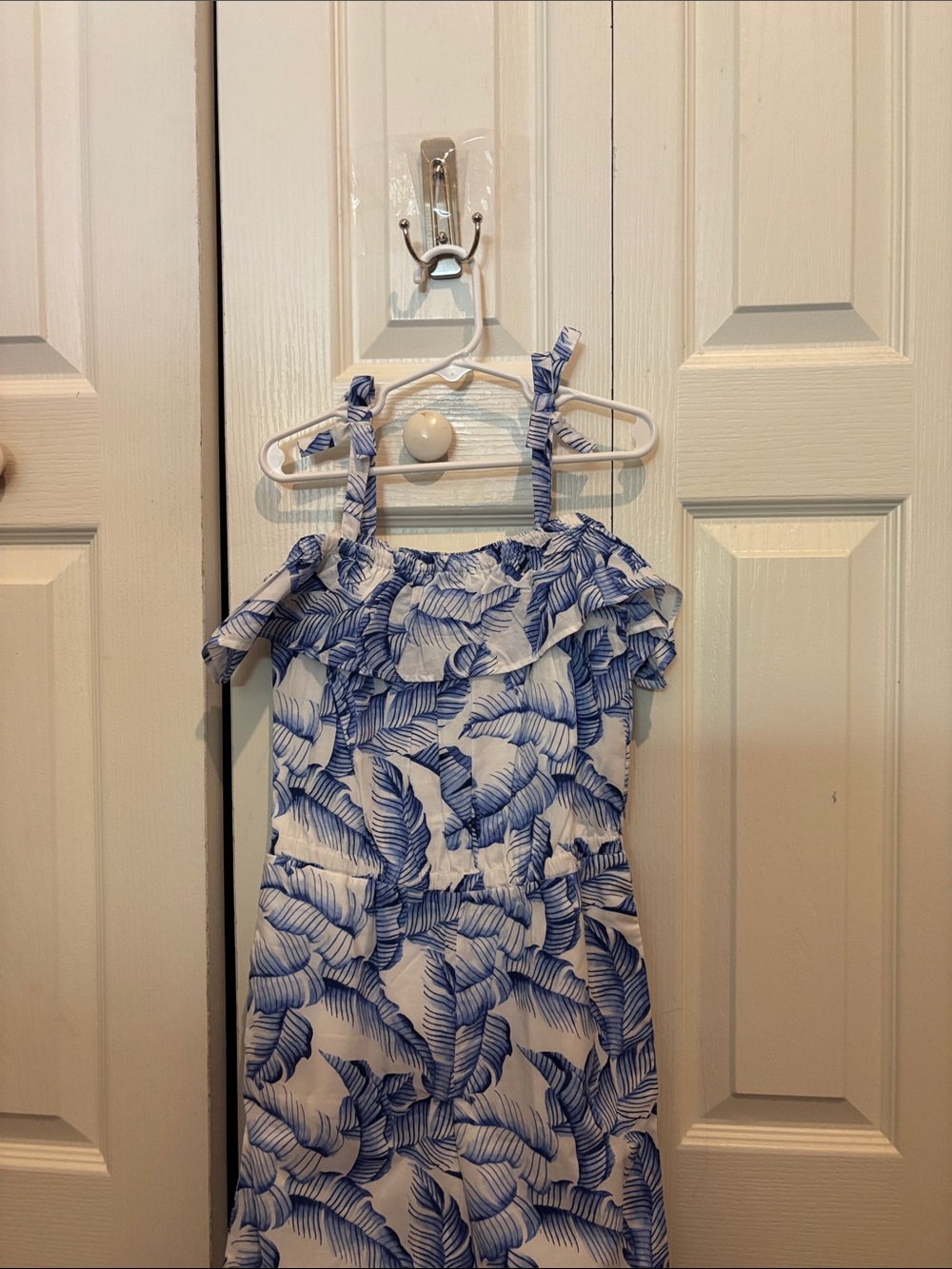Janie and Jack Blue and White Leaf Print Girls Romper